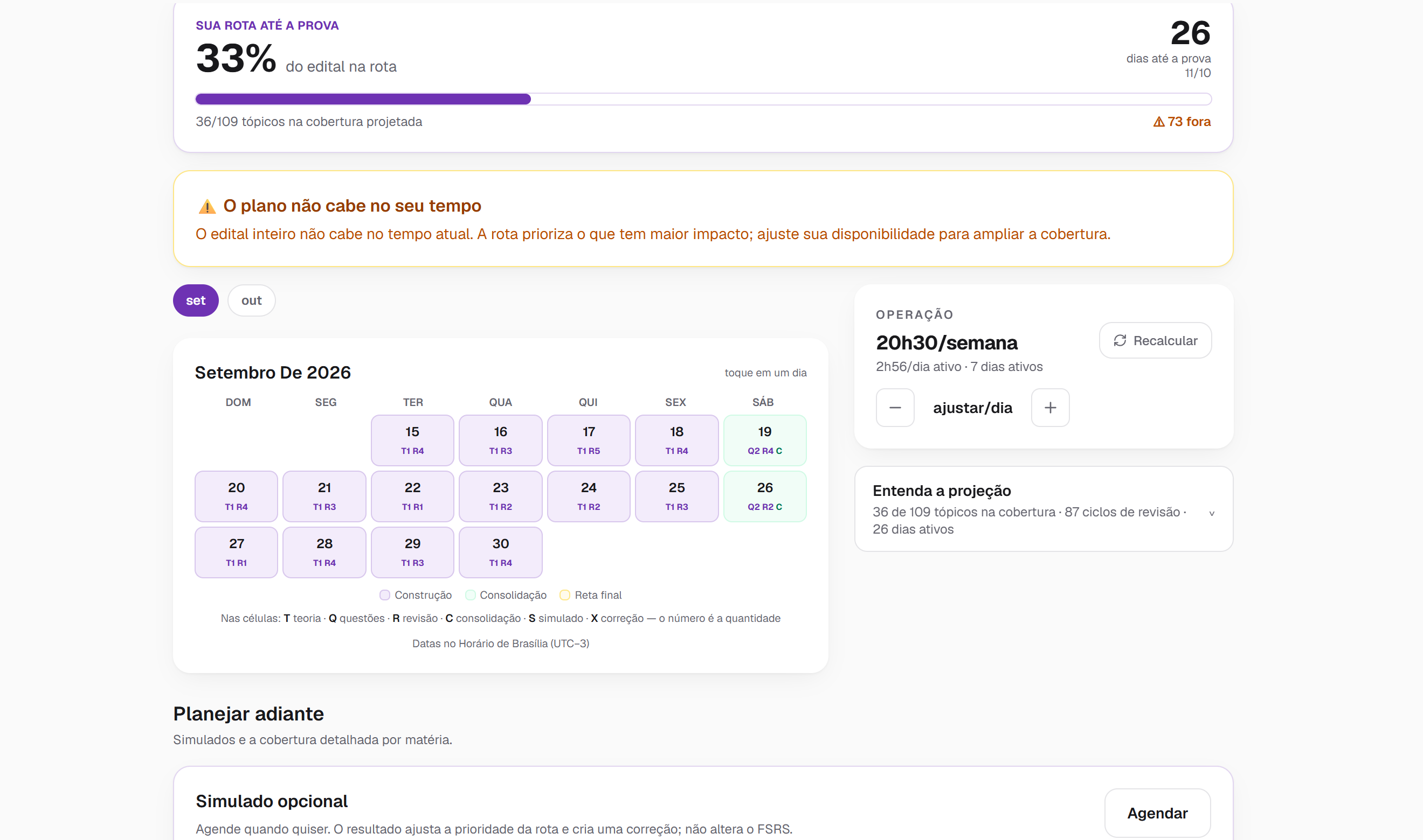 Plano completo no Protocolo 45: rota até a prova, calendário adaptativo e cobertura do edital